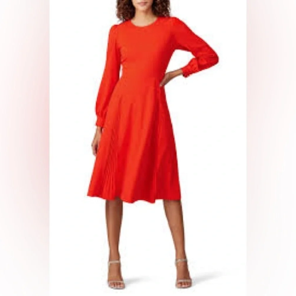 Tory Burch XS Knit Crepe Midi Dress Red Fit & Flare Hourglass Long Sleeves